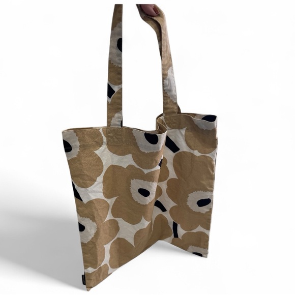 Marimekko Unikko Floral Beige Canvas Shopping Tote Bag - Tan and Black - Picture 1 of 5